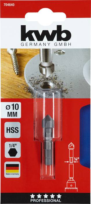 Eine Verpackung zeigt einen Kegelsenkerbohrer der Marke 'kwb Germany GmbH', geeignet für 10 mm HSS, zum professionellen Bohren und Senken.