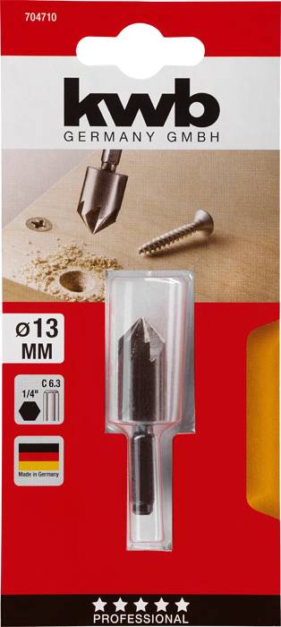 Ein 13 mm Senkbohrer von kwb Germany GmbH auf roter Verpackung, geeignet für Holz, mit 'Made in Germany' Zeichen.