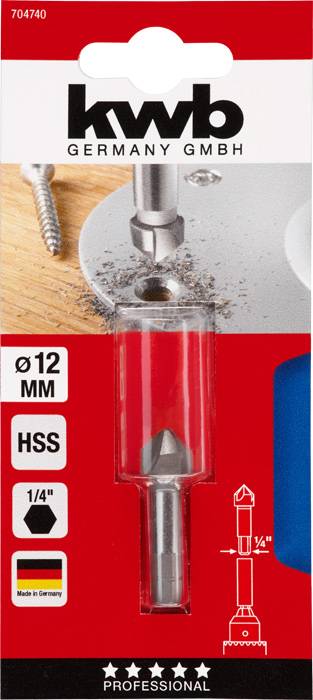 Bohrer-Verpackung von KWB, zeigt einen 12 mm HSS-Bohrer für Holz, hergestellt in Deutschland. Enthält Bild von Bohrer im Einsatz.
