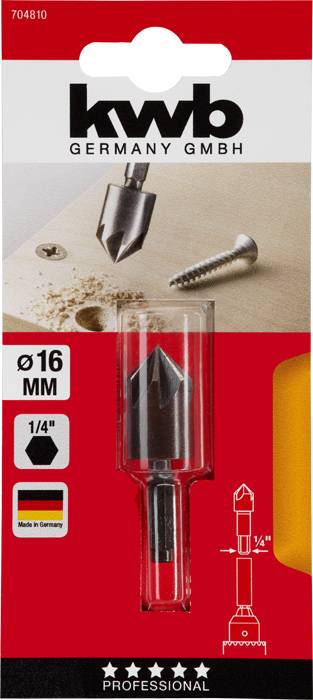 'kwb Germany GmbH' Verpackung mit einem Senkerbohrer. Text zeigt: 'Ø16 MM, 1/4