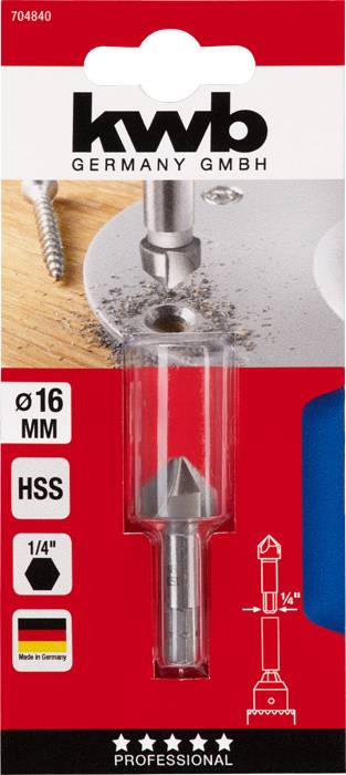 Bohrer-Set-Verpackung, zeigt einen kegelförmigen Bohrer mit den Aufschriften 'Ø 16 mm', 'HSS', 'Made in Germany'.