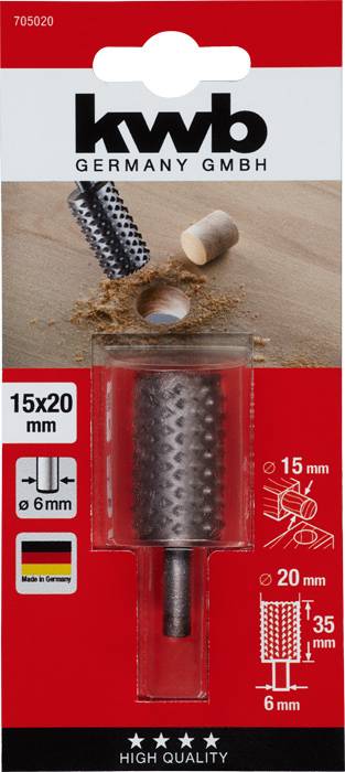 'KWB Germany GMBH' Holzkegelbohrer, 15x20 mm, 6 mm Schaft, in Verpackung. Geeignet für Holz, 'Made in Germany', zeigt Bohrer in Aktion.