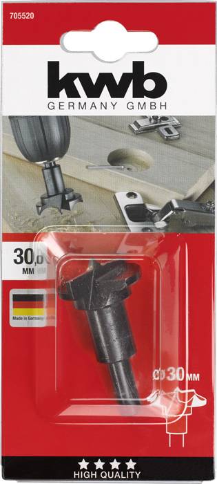Verpackung eines kwb Forstnerbohrers, 30 mm. Enthält ein Bild des Bohrers und Holzarbeiten im Hintergrund. Produkt für präzises Bohren.