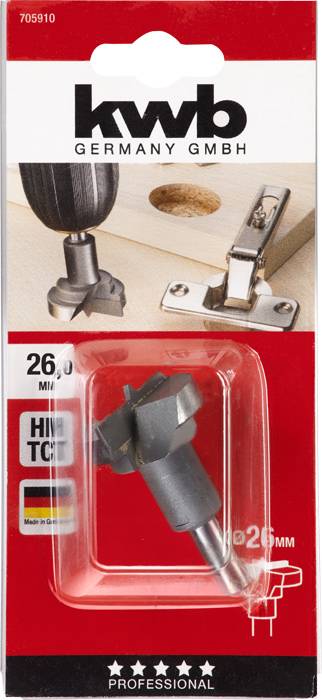 Produktverpackung für einen Holzbohrer von KWB Germany GmbH, 26 mm Durchmesser. Bild zeigt Bohrer bei Scharniermontage in Holz.