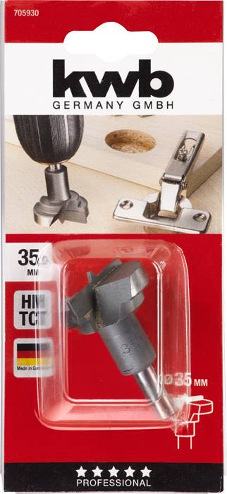 'kwb GERMANY GMBH' Lochfräser-Set mit einem 35 mm Fräser. Verpackung zeigt Fräser-Einsatz an Schranktür. Enthält Produktbild und Firmenlogo.