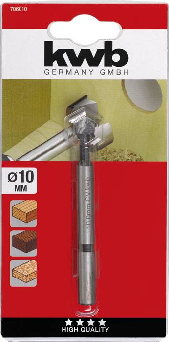 Forstnerbohrer 'kwb' in Verpackung. Durchmesser 10 mm, geeignet für Holz. Darstellung zeigt Bohrer im Einsatz an Holzbalken.