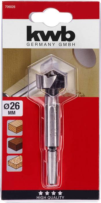 Bohrer von 'kwb Germany GmbH', Größe Ø26 mm, geeignet für Holzarten; Verpackung zeigt drei Holzarten: weich, mittel, hart.