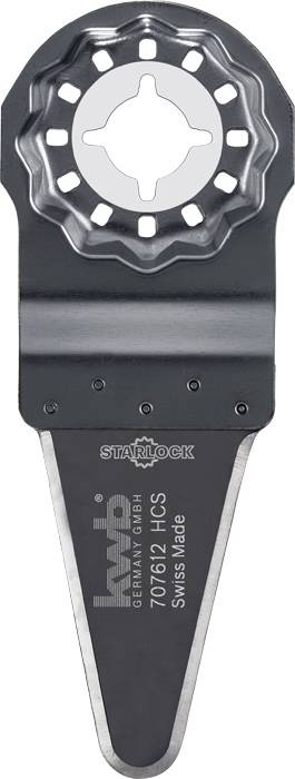 Starlock Sägeblatt, schwarz mit silber Details, Markenname 'kwb Germany GmbH', Produktnummer '7076 21 HCS', 'Swiss Made'.