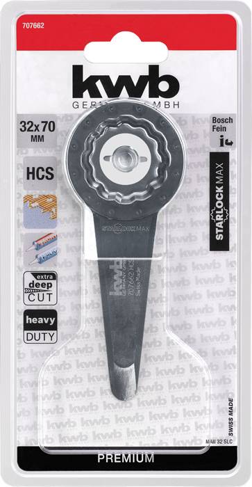 Verpackung eines Sägeblatts der Marke KWB, 32x70 mm, für Holz und Kunststoff. Kompatibel mit Bosch und Fein. HCS und Starlock Max.