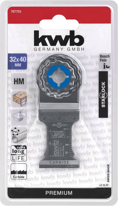 Sägeblattaufsatz für Multitool in Verpackung, geeignet für Holz, Kunststoff und Metall, 32x40 mm, Hartmetall, Marke KWB.