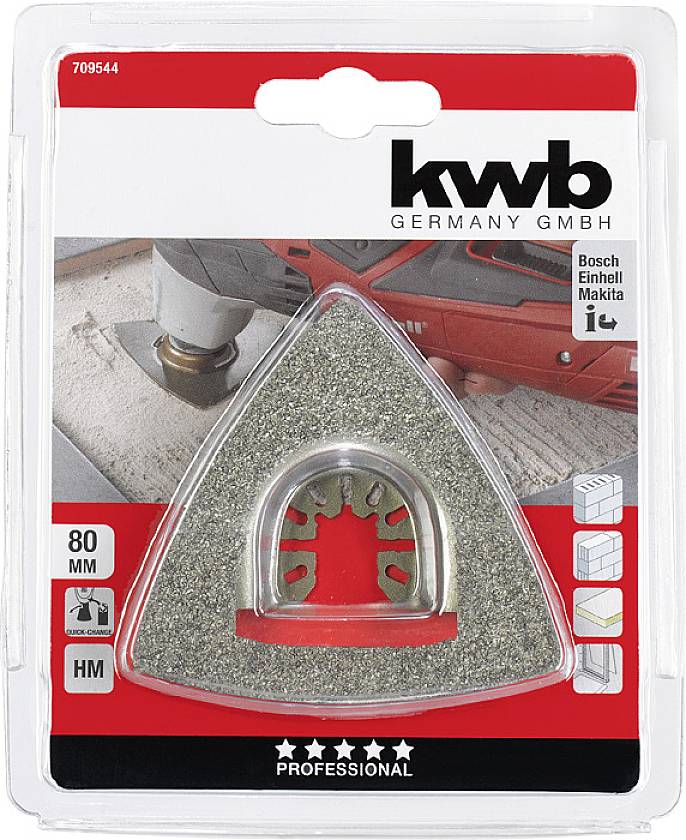 Dreieckiges Schleifpapier, 80 mm, geeignet für Bosch, Einhell, Makita. Verpackung zeigt Anwendung auf Holzoberfläche.