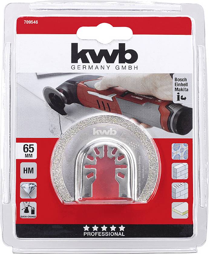 Sägeblatt für Multitool in Verpackung. 65 mm, geeignet für Bosch und Makita. Anwendungen: Fliesen, Holz, Gipskarton.