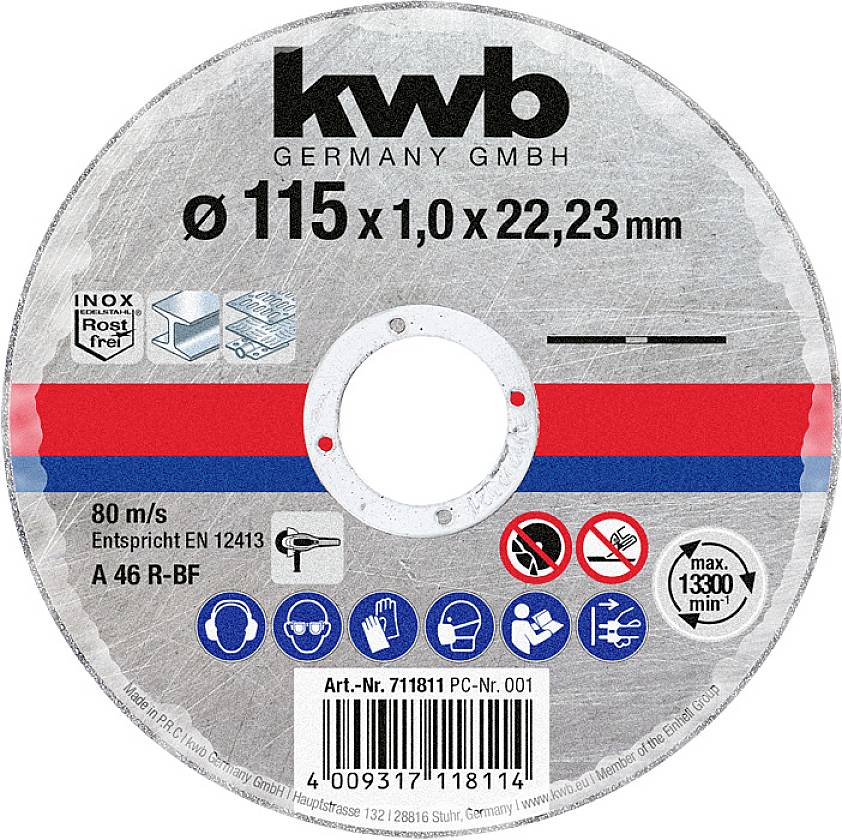 Schleifscheibe der Marke KWB, Ø 115 x 1,0 x 22,23 mm. Inox, max. 13300 U/min, 80 m/s, für Metallbearbeitung geeignet.