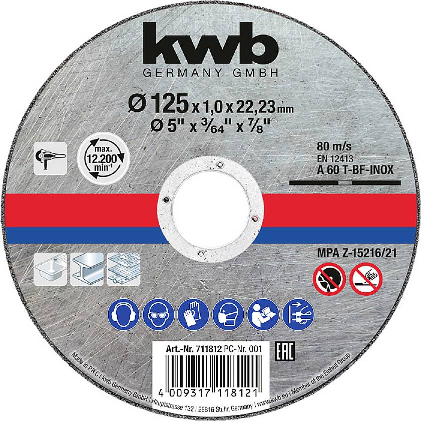 Schleifscheibe mit Aufschrift 'kwb GERMANY GMBH'. Durchmesser 125 mm. Max. 12.200 U/min. Geeignet für Edelstahl. Symbole für Schutzmaßnahmen.