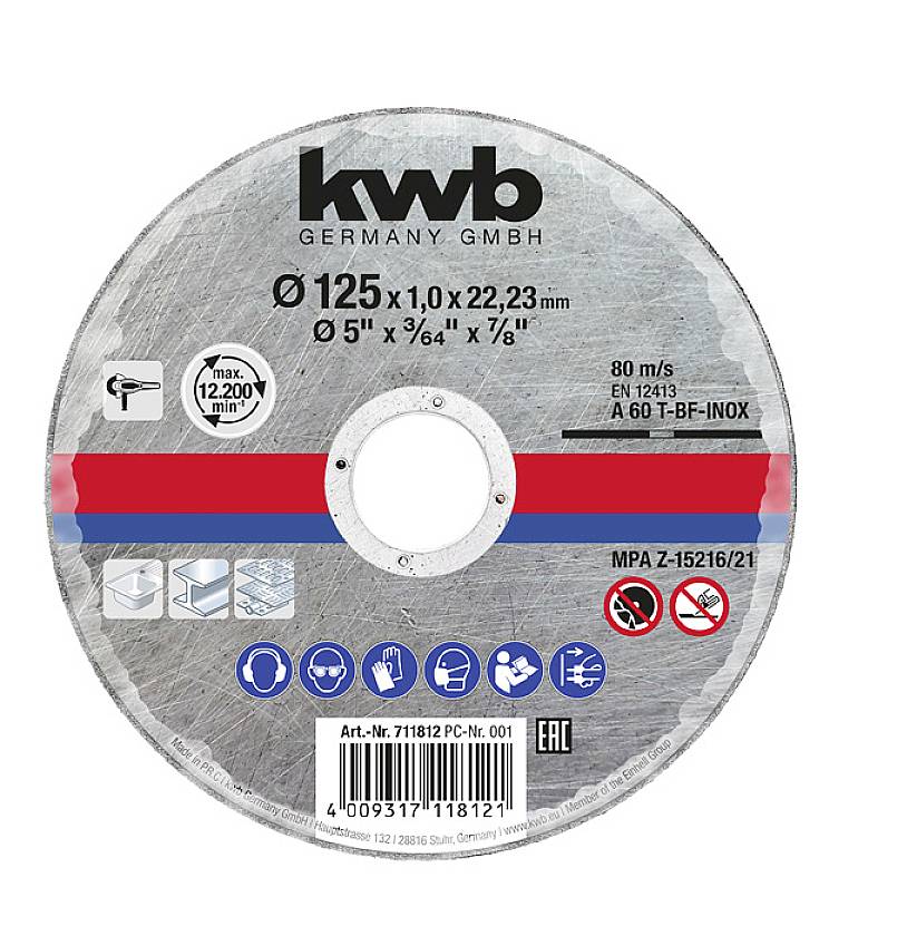 Schleifscheibe von KWB, Ø 125 x 1,0 x 22,23 mm, geeignet für Metall, Geschwindigkeitsangabe: 80 m/s, ausgestattet mit Symbolen für Nutzungshinweise.