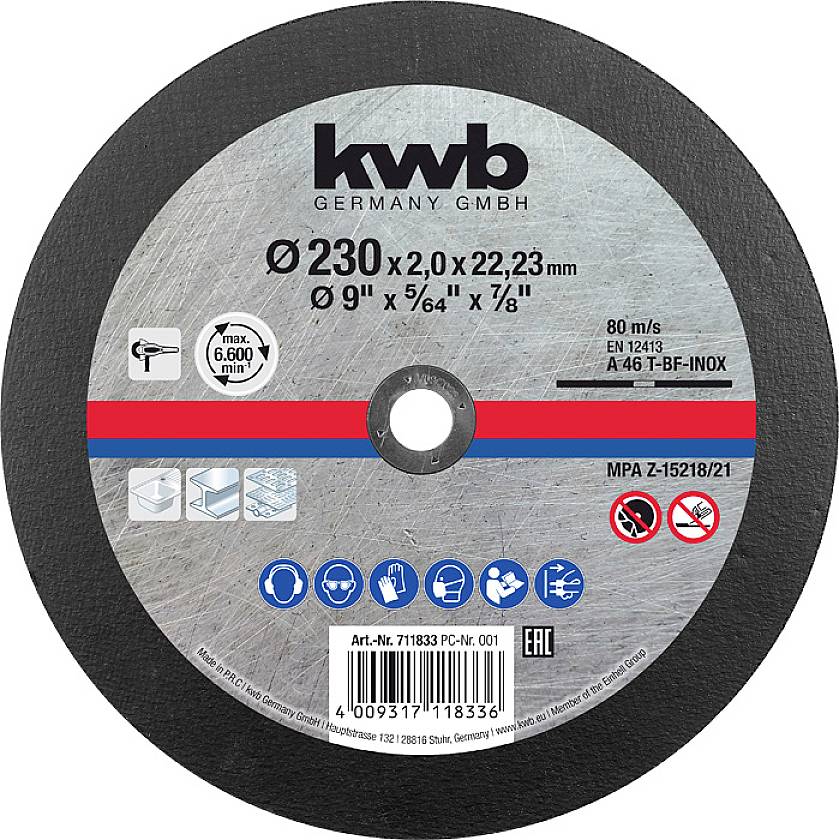 'Schleifscheibe für Metall', Durchmesser 230 mm, Dicke 2,0 mm, Bohrung 22,23 mm. Marke 'kwb'. Maximale Drehzahl 6.600 U/min.