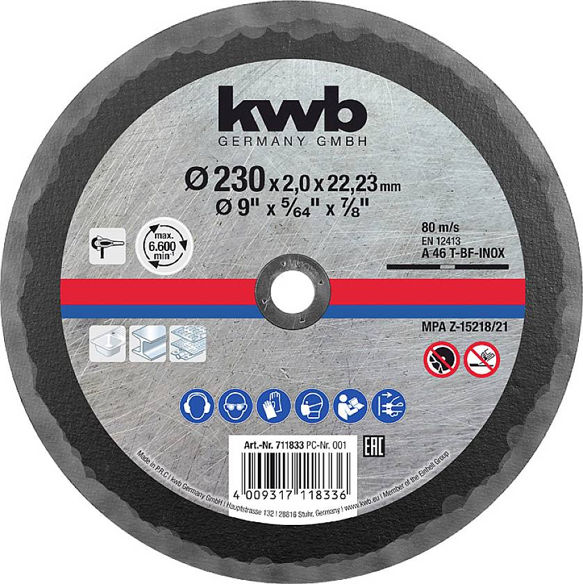 Schleifscheibe mit 'KWB Germany' Logo, Durchmesser 230 mm, Dicke 2 mm. Geeignet für Metallbearbeitung. Geschwindigkeit 80 m/s.