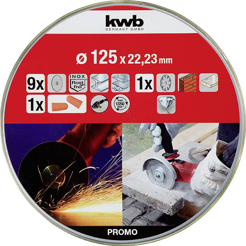 Verpackung einer Trennscheibe, ø 125 x 22,23 mm. Zeigt Symbole für Anwendungen auf Metall und Stein. Enthält 9 Metall- und 1 Steintrennscheibe.
