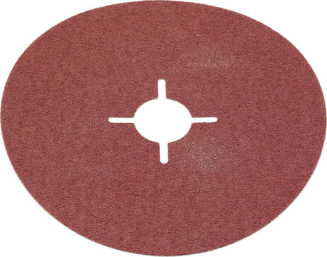 Rote Schleifpad-Scheibe mit einem zentralen Loch und vier symmetrischen Schlitzen, verwendet zum Reinigen oder Schleifen von Oberflächen.