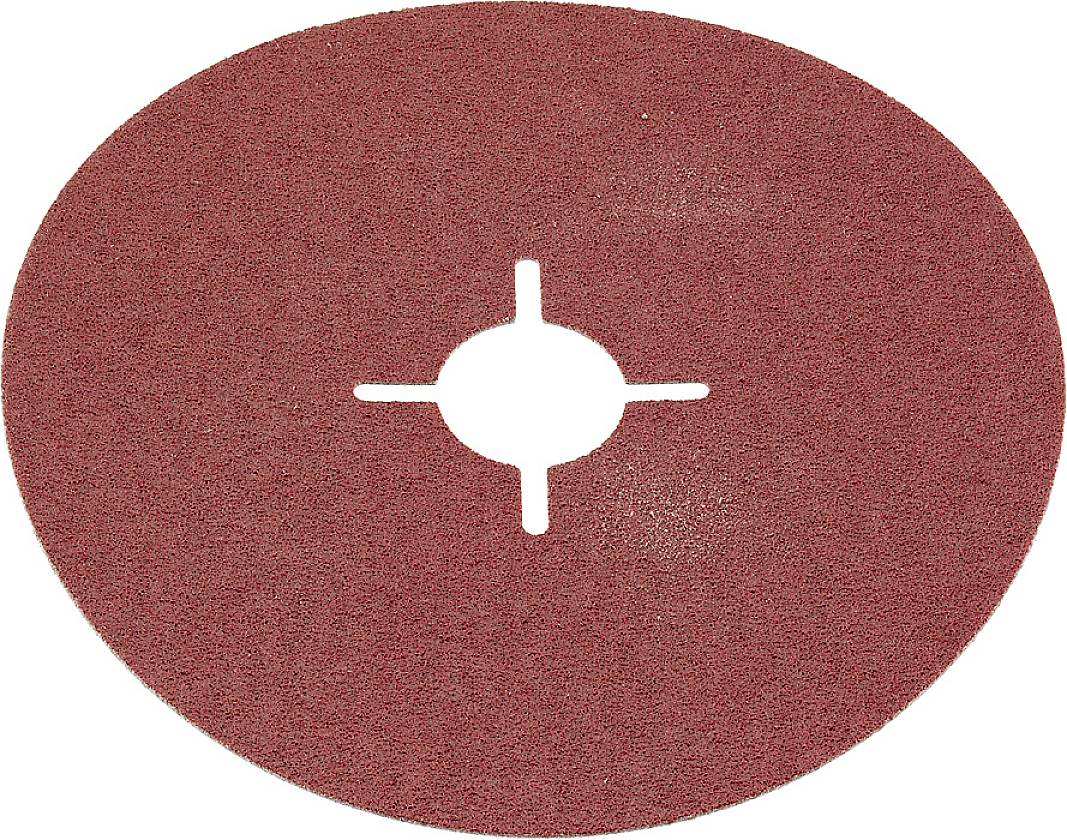 Ein rundes, rotes Schleifpapier mit kreisförmiger Aussparung in der Mitte, vermutlich für Elektrowerkzeuge.