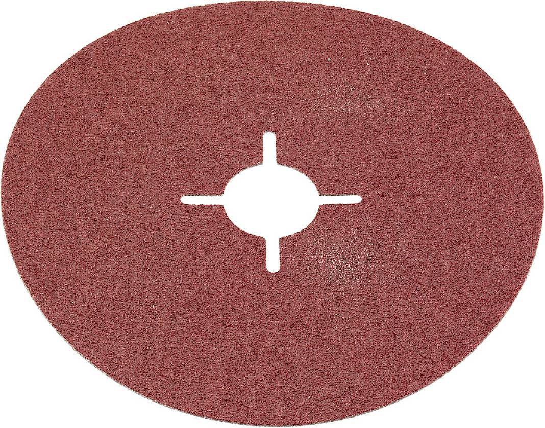 Ein runder Schleifscheibenaufsatz mit mittigem Loch und vier kleinen Schlitzen um das Loch herum. Farbe: rotbraun.