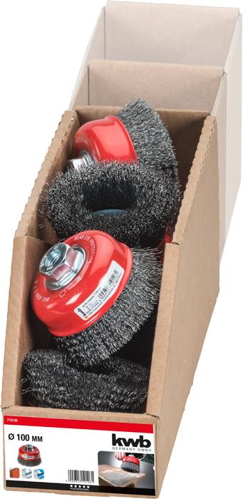 Drahtbürstenaufsätze mit roten Verschlusskappen in einem offenen Karton. Verpackung zeigt das Logo 'kwb' und die Größe 'Ø 100 mm'.