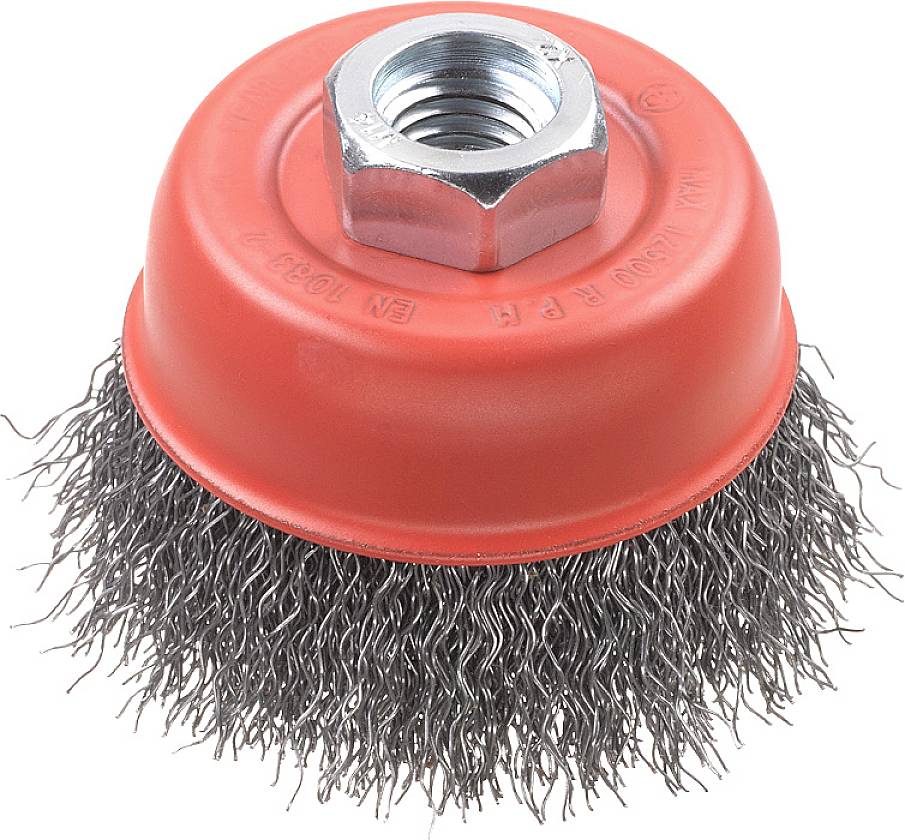 Eine rot ummantelte Drahtbürste mit Metallgewinde zur Befestigung, geeignet für Reinigungs- und Polierarbeiten auf Metalloberflächen.