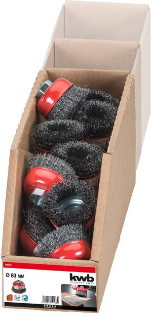 Schachtel mit mehreren rot-schwarzen Topfbürsten mit Metallborsten, geeignet für Reinigungs- und Schleifarbeiten.