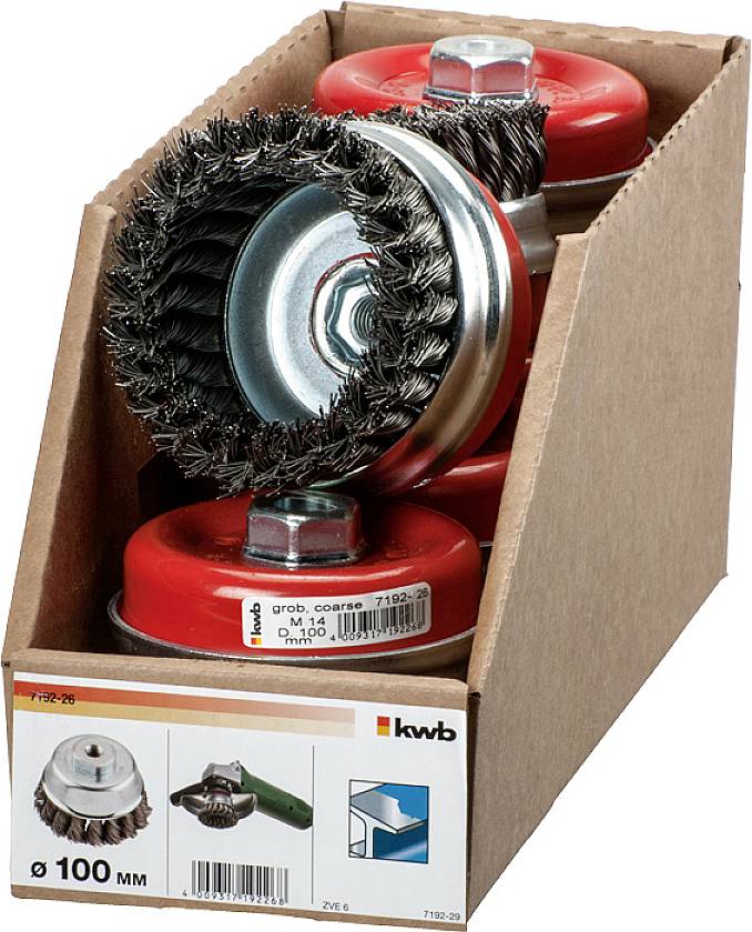 Drahtbürsten in einem Karton, roten Kopf und Metallborsten, 100 mm Durchmesser. Markenverpackung mit Produkt- und Größenangabe.