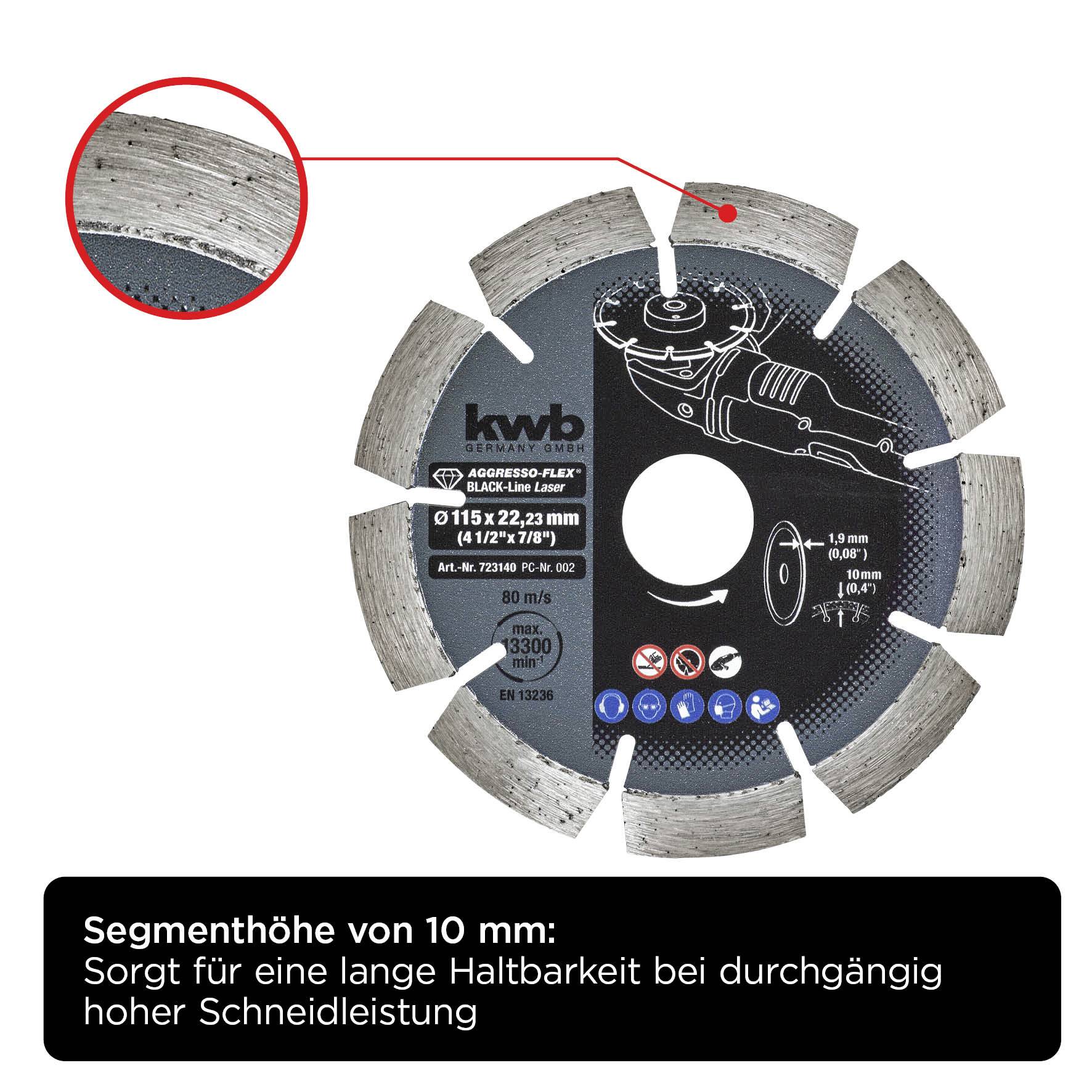 Abgebildet ist eine Trennscheibe mit der Aufschrift: Segmenthöhe von 10 mm. Sorgt für eine lange Haltbarkeit bei durchgängig hoher Schneidleistung.