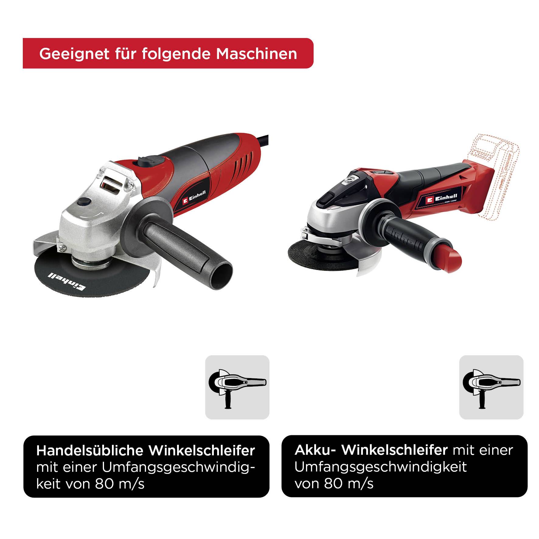 Geeignet für folgende Maschinen: Handelsübliche Winkelschleifer mit 80 m/s Umfangsgeschwindigkeit, Akku-Winkelschleifer mit 80 m/s.