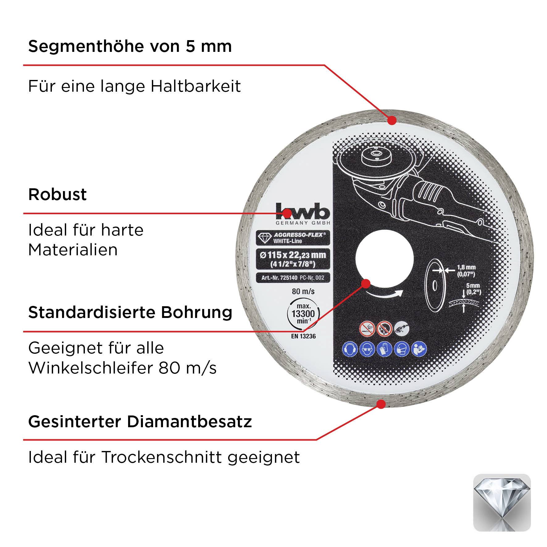 Schleifscheibe mit Sägeblatt. 'Segmenthöhe 5 mm', 'Robust', 'Standardisierte Bohrung', 'Gesinterter Diamantbesatz' in Rot hervorgehoben.