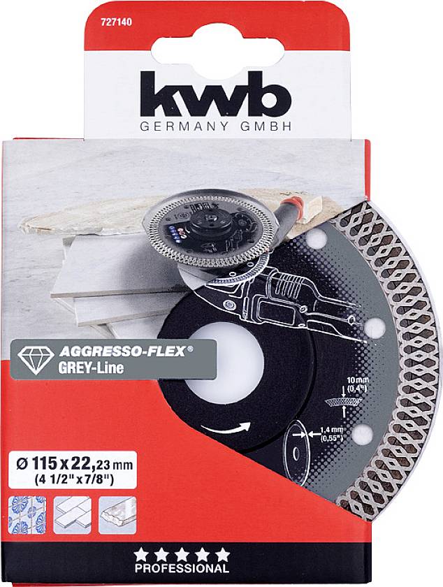 Schleifscheibe-Verpackung von 'kwb'. Zeigt eine aggressive Flex-Scheibe der Grey-Line-Serie, Größe 115 x 22,23 mm, für Profis geeignet.