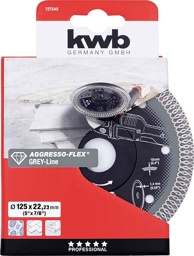 Verpackung einer Trennscheibe der Marke 'kwb' mit Aufschrift 'AGGRESSO-FLEX GREY-Line', zeigt Scheibe mit technischen Details.