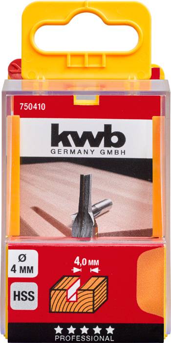 KWB Germany GmbH 4mm HSS Nutfräser. Profiqualität, Ø4 mm. Verpackung mit Bild des Fräsers und Anwendung auf Holz.