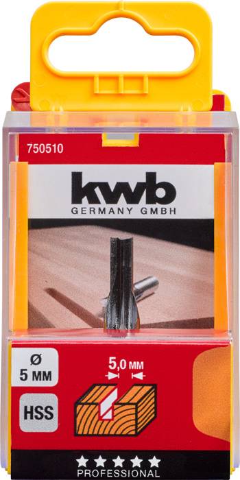 'KWB Germany GmbH' Fräser-Set-Verpackung, zeigt Schaftfräser auf Holzoberfläche. Durchmesser: 5mm, HSS-Material, professionelle Nutzung.