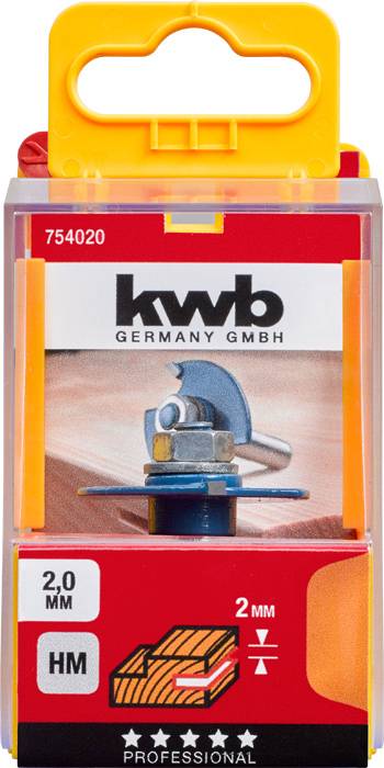 'KWB Germany GmbH' Klingen, 2,0 mm HM, im Blisterpack. Abgebildet ist eine Nahaufnahme der Verpackung mit Produktdetails und Logo.