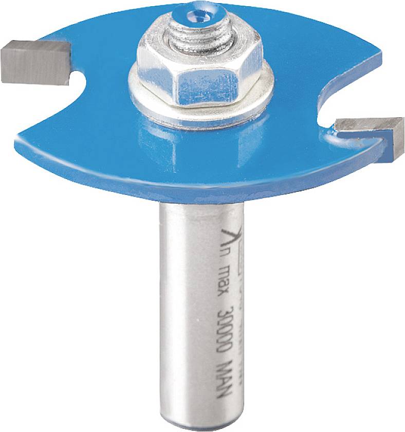 Blaue Oberfräse mit silbernem Schaft und zwei scharfen Klingen an den Seiten, geeignet für präzise Holzbearbeitung.