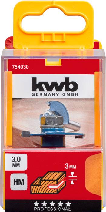 Verpackung einer Kantenfräse der Marke kwb, 3 mm HM, in orange-rotem Design. Eignung für professionelle Anwendungen, 4-Sterne-Bewertung.