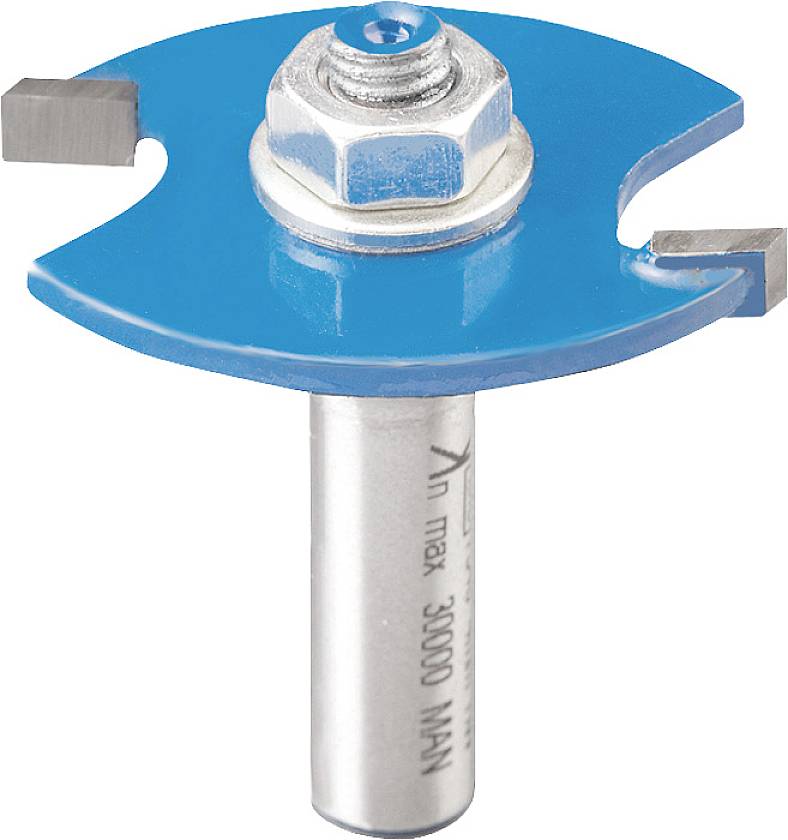 Ein blauer Fräser mit zwei scharfen Schneidkanten und silbernem Schaft, geeignet für Holzarbeiten. Maximale Drehzahl: 30.000 U/min.