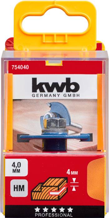 Verpackung einer 4,0 mm HM-Kreissägeblatt von kwb Germany GmbH. Enthält Bild einer Kreissäge und den Text '4 mm PROFESSIONAL'.