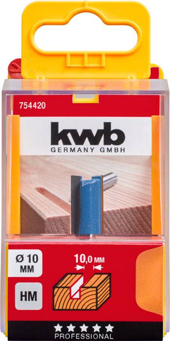 Verpackung eines Fräsers der Marke KWB. Durchmesser: 10 mm. Geeignet für Holzbearbeitung. Produkt ist professionell klassifiziert.