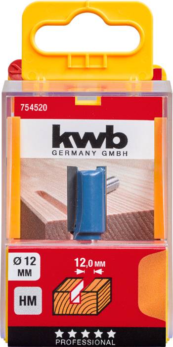 Verpackung eines Kantenfräsers von kwb Germany mit einem Durchmesser von 12 mm und HM Qualität, abgebildet auf Holzhintergrund.
