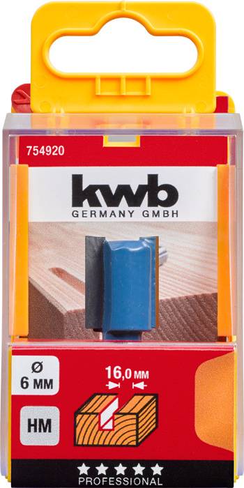 'Kwb Germany GmbH' Fräserverpackung: Enthält einen blauen Fräser, 16,0 mm, HM, geeignet für Holzarbeiten. Sichtbarer Holzblock zum Vergleich.