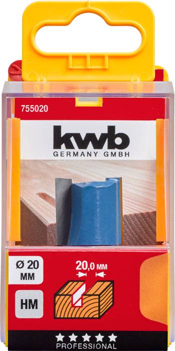 Verpackung eines Fräsers der Marke kwb, geeignet für 20 mm Holzbearbeitung, mit Hartmetallklinge für professionelle Anwendungen.