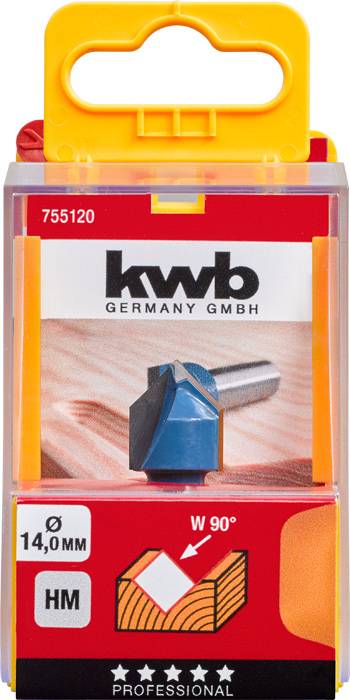 Verpackung eines HM-Winkelfräsers von kwb Germany. Fräser: 14 mm Durchmesser, 90° Winkel. Enthält Bild des Fräsers und Holzschnitt-Diagramm.