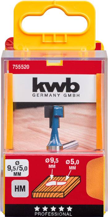 'Kwb Germany GmbH' Verpackung für HM-Fräser, 9,5 mm x 5,0 mm. Bild eines Fräsers auf einer Holzoberfläche, mit professionellem Label.