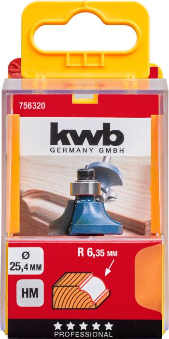 Verpackung eines Fräsers der Marke kwb Germany. Der Fräser hat einen Durchmesser von 25,4 mm und einen Radius von 6,35 mm.