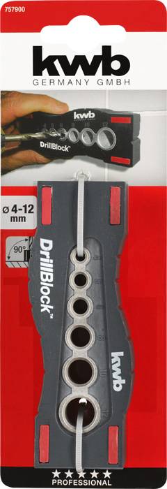 Verpackung des KWB DrillBlocks, zeigt ein graues Werkzeug mit Löchern für Bohrgrößen 4-12 mm. Ideal für präzises Bohren in 90°-Winkeln.