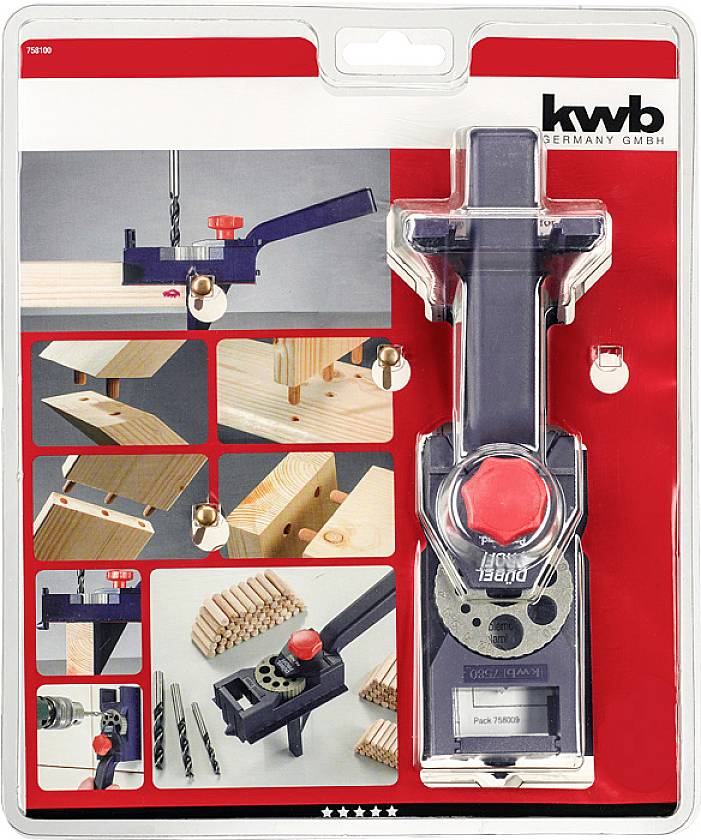 Verpackung eines Holzverbindungssets mit Dübelbohrhilfe und Zubehör wie Bohrer und Dübel. Geeignet für präzise Holzkonstruktionen.